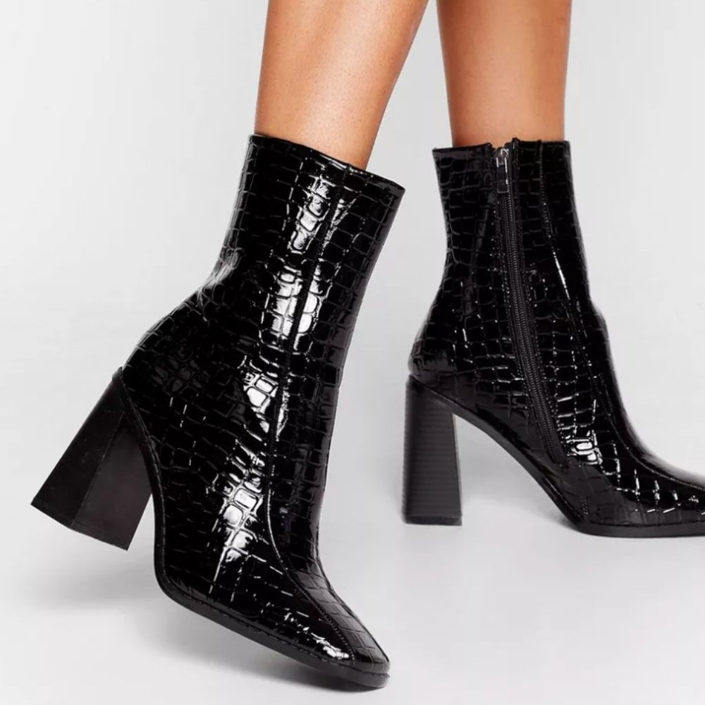 Nasty Gal Croc Flare Heeled Ankle Boots